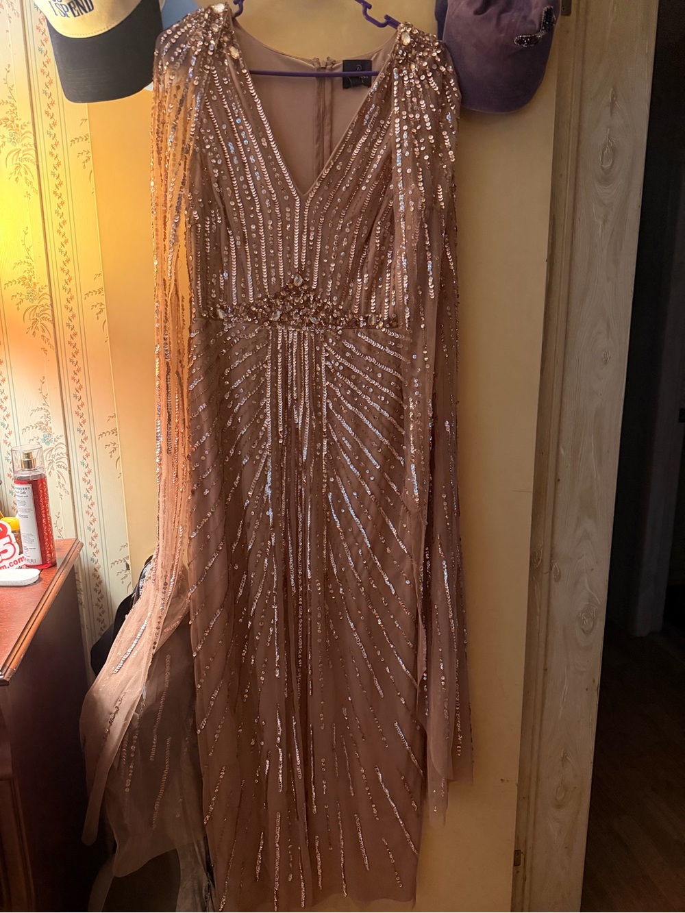 Adrianna Papell Rose-Gold Sequin V-Neck Maxi Gown